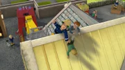 Feuerwehrmann Sam muss Norman und James vom Dach der Feuerwache retten.