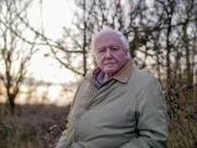 Sir David Attenborough bei den Dreharbeiten zum Dämmerungschor um 5 Uhr morgens in Wytham Woods Oxford Frühjahr 2021.