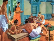 ca. 1957-1965 --- A lithograph depicting an Indian surgeon preparing to form an artificial earlobe for a mutilated patient, from a portfolio by Robert Thom illustrating the history of medicine. --- Image by (C) Blue Lantern Studio/Corbis