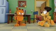Garfield und Odie haben alle Mäuse in Jons Haus eingesperrt, sodass Garfield weiter faul herumliegen kann und sie nicht jagen muss.