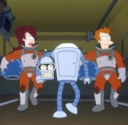 (v.l.n.r.) Leela, Bender und Fry starten in den Weltraum, um einen Müllball zu sprengen._Titel: Futurama