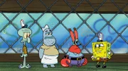 L-R: Squidward, Jim, Mr. Krabs, SpongeBob
