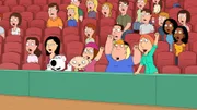 Peter wird von (v.l.n.r.) Brian, Stewie, Meg, Chris und Lois auf der Tribüne des Baseballspiels angefeuert und zu Höchstleistungen motiviert ...