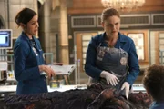 Angela (Michaela Conlin, l.), Brennan (Emily Deschanel) und Hodgins (T.J. Thyne) erkennen schnell, dass das neue Opfer die gleichen Merkmale aufweist, wie die beiden zuvor: Löcher in den Knochen, um es als Marionette aufzuhängen, kein vorhandenes Fleisch und gegerbte Haut.
