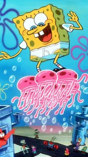 Spongebob surft auf einigen Quallen durch Bikini Bottom.