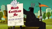 Bugs Bunny trifft im Park auf den Düsteren Hasen, der ihm seine Sterbeurkunde unter die Nase hält.