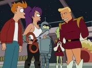 (v.l.n.r.) Fry; Leela; Bender; Kif Kroker; Zapp Brannigan
