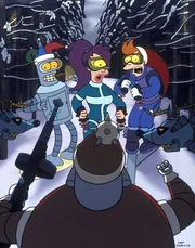 Auf der Weihnachtsfeier der Futurama-Mannschaft werden (v.l.n.r.) Bender, Leela und Fry von einem bösen Weihnachtsmann-Roboter bedroht ...