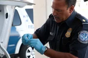 Pharr International Bridge, Pharr Texas USA: CBP Officer Demille tests the drugs which turns out to be positive for Meth. (Photo Credit: NGT/ Kevin Cunningham)
