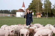 Landwirtin Katharina Mühlbauer und die Schweine vom Kirchthanner Hof. Die Tiere können ihr Leben auf der Weide genießen.