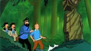 Kapitän Haddock (2. v. r.) und Tim (r.) erkunden, begleitet von den Detektiven Schulz (l.) und Schultze (2. v. l.) sowie Struppi, eine tropische Insel in dem Glauben, dass sich dort der Schatz von "Red Rackham" befindet.
