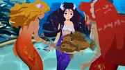 Die Fische bitten Emma, Cleo und Rikki (v.l.n.r.) um Hilfe. Es verschwinden immer mehr Clownfische.