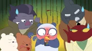 Baby Ice Bear (l.), Baby Grizz (2.v.l.), Spider Sam Spade (3.v.l.), Baby Panda (m.), Mayor Centipede (vorne, r.)