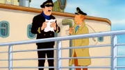 Tim (r.) stellt sich dem Kapitän (l.) auf dem Öltanker "Speedol Star" als Funker vor, um Nachforschungen zur Ölkrise anzustellen.