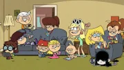 L-R: Luna Loud (voiced by Nika Futterman), Lincoln Loud (voiced by Grant Palmer), Lynn Loud (voiced by Jessica DiCicco), Leni Loud (voiced by Liliana Mumy), Lori Loud (voiced by Catherine Taber), Luan Loud (voiced by Cristina Pucelli). On the floor L-R: Lisa Loud (voiced by Lara Jill Miller), Lana Loud (voiced by Grey Griffin), Lola Loud (voiced by Grey DeLisle), Lily Loud (voiced by Grey Griffin), Lucy Loud (voiced by Jessica DiCicco)