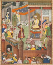 Die elegante Figur von Babur in einem blassgelben Mantel sitzt auf seinem neu gewonnenen Thron in Delhi, kurz nach der entscheidenden Schlacht gegen die Afghanen im Jahr 1526.