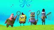 Patrick (l.), SpongeBob (2.v.l.), Sandy (2.v.r.)
