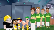 First from left: Buford Van Stomm, second from left:  Baljeet Tjinder, third from left:  Isabella Garcia-Shapiro, fourth from left:  Phineas Flynn, fifth from left:  Ferb Fletcher