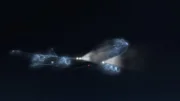 CGI - BA Flight 009, plane headlights and air moving over body of plane.