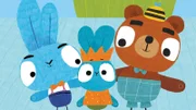 Im Wald treffen Bop (li.) und Boo (mi.) treffen im Wald auf einen neuen Freund - Barry (re.), der kleine Bär.
