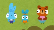 Im herbstlich bunten Wald treffen Bop (li.) und Boo (mi.) ihren Bären Freund Barry (re.), der Blätter für sein Traumkissen sammeln möchte. Das braucht er nämlich für seinen Winterschlaf.