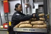 CBP-Beamter Ramirez legt in San Diego, Kalifornien, mehrere Pakete mit Kokain auf eine Waage, um ihr Gesamtgewicht zu ermitteln (National Geographic for Disney).