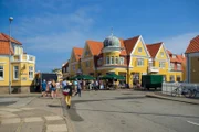 The main shopping district in Skagen with its bright yellow buildings