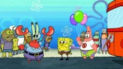 Vorne, l-r: Mr. Krabs, SpongeBob, Patrick