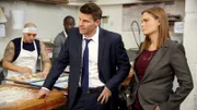 BONES:  Booth (David Boreanaz, L) and Brennan (Emily Deschanel, R) investigate a local bakery known for employing former felons in the "The Baker In The Bits" episode of BONES airing Thursday, April 9 (8:00-9:00 PM ET/PT) on FOX. ©2015 Fox Broadcasting Co. Cr: Jordin Althaus/FOX