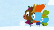 Bop (mi.) und Boo (re.) treffen ihren alten Elchfreund Dwayne (li.). Sie machen zusammen einen riesengroßen Schneeball...den sie am Ende aber gar nicht mehr bewegen können. Also erfindet Bop kurzerhand das "Schneebowling" - und die drei haben riesigen Spaß bei diesem witzigen Spiel im Schnee!