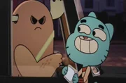 Mr. Fitzgerad (li.) ist wütend auf Gumball (re.). Er hat den Spiegel an seinem Auto demoliert.