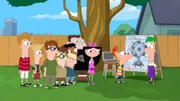 First from right: Ferb Fletcher, second from right: Phineas Flynn, third from right:  Isabella Garcia-Shapiro, fourth from right:  Buford Van Stomm, fifth from right:  Baljeet Tjinder