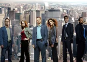 Das CSI-New-York-Team (v.l.): Aiden (Vanessa Ferlito), Messer (Carmine Giovinazzo), Dr. Hawkes (Hill Harper) und Det. Flack (Eddie Cahill). Kniend: Det. Taylor (Gary Sinise) und Bonasera (Melina Kanakaredes).