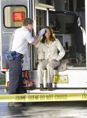 Ein Sanitäter (li. Darst. unbekannt) kümmert sich um Natalia (Eva LaRue), die bei der Untersuchung eines Tatorts nur knapp einer Explosion entkommen konnte.