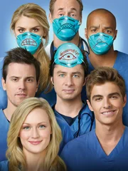 Im Bild: Dr. Denise Mahoney (Eliza Coupe), Dr. Perry Cox (John C. McGinley), Dr. Christopher Turk (Donald Faison), Drew Suffin (Michael Mosley), Dr. John 'J.D.' Dorian (Zach Braff), Cole Aaronson (Dave Franco) und Lucy Bennett (Kerry Bishé).