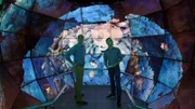 Archaeologist, Dr. Dominique Rissolo and Visualization Engineering Technician, Joel Polizzi stand in the Qualcomm Institute's SunCAVE, at the University of California, San Diego. (National Geographic/Mark Molesworth)