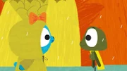 An einem verregneten Tag in der Prärie lernen Bop und Boo (li.) den kleinen Frosch Arnold (re.) kennen, der ihnen zeigt, dass man sich auch im Regen supertoll vergnügen kann!