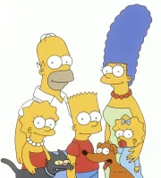 (12. Staffel) - Die Simpsons sind ein Herz und eine Seele: (v.l.n.r.) Lisa, Homer, Bart, Marge und Maggie mit Katze und Hund.