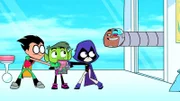 v.li: Robin, Beast Boy, Raven, Cyborg