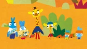 Die Hasenfamilie macht einen Ausflug in die Savanne, wo sie auf einen "alten Freund", die kleine Giraffe Jeff (2.v.re.) und seinen Vater (3.v.li.) treffen.