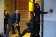 L-R: Harold Finch (Michael Emerson), Detective Fusco (Kevin Chapman), John Reese (Jim Caviezel), Root (Amy Ackerc)