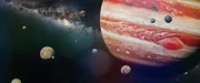 Planet Jupiter with some of the 69 known moons with the Milky Way galaxy (3d space illustration, elements of this image are furnished by NASA)