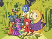 Die Mikroben Whoosh (blau), Obos (gelb), Iggy (rot / grün), Clio (lila) und Titus (rot) bringen mal wieder Chaos in Sherms Leben.