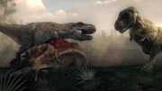 CGI:  Two Tyrannosaurus rex fighting over a triceratops carcass.