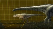 CGI: On a scientific grid background, a comparison of a Daxiatitan size to a T. rex.