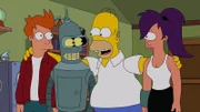 Ist Homer (2.v.r.) wirklich daran Schuld, dass Fry (l.), Bender (2.v.l.) und Leela (r.) in der Zukunft mit mutierten Hasen zu kämpfen haben?
