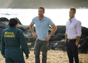 "Ke iho mai nei ko luna" -- Adam, Junior and Tani travel to the bottom of the Pacific Ocean when a murder takes place in a remote underwater lab, and the killer may still be on board, on HAWAII FIVE-0, Friday, Jan. 18 (9:00-10:00 PM, ET/PT) on the CBS Television Network. Pictured L to R: Kimee Balmilero as Noelani Cunha, Alex O\'Loughlin as Steve McGarrett and Scott Caan as Danny "Danno" Williams. Photo: Karen Neal/CBSÃ‚Â©2018 CBS Broadcasting, Inc. All Rights Reserved  ("Ke iho mai nei ko luna" is Hawaiian for "Those Above Are Descending")