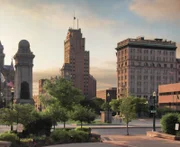 View from Clinton Square with the The Soldier's and Sailor's Monument, The State Tower Building and the Gridley Building from Clinton Square (Clinton County)