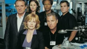 Das CSI-Team: (hinten v.l.) Capt. Jim Brass (Paul Guilfoyle), Sara Sidle (Jorja Fox), Warrick Brown (Gary Dourdan), Nick Stokes (George Eads), (vorne) Catherine Willows (Marg Helgenberger) und Gil Grissom (William Petersen).