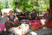 Devrim (2.v.l.), Gülistan (r.) Ekiz und Nachbarinnen bei der Granatapfel-Verarbeitung